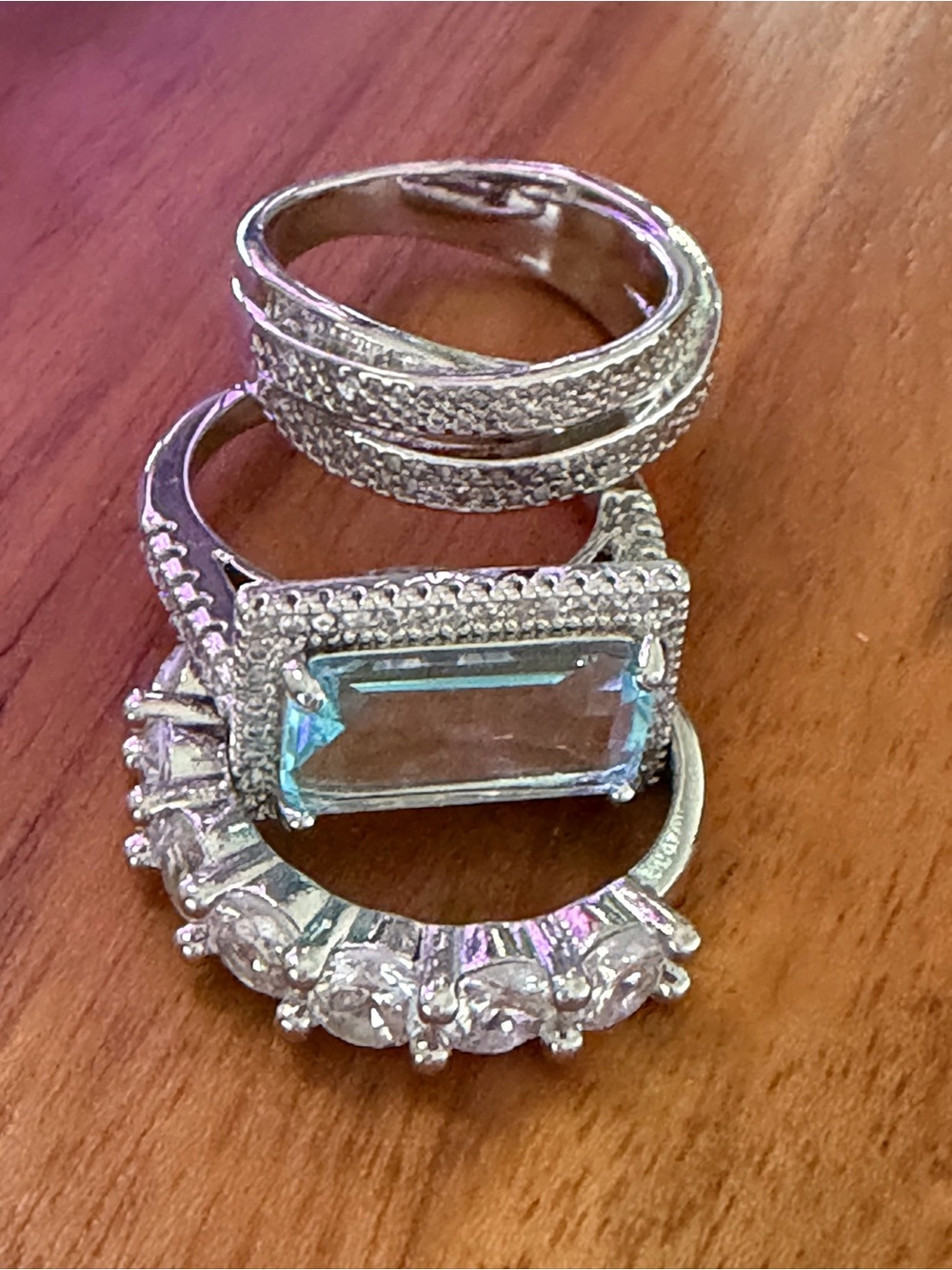 Silver CZ and Aquamarine-Style Stackable Ring Set
